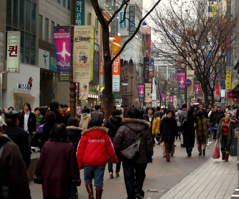 Shopping street in Myeongdong, Seoul, known for cosmetics stores